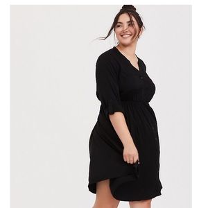 BLACK CHALLIS BUTTON FRONT SHIRT DRESS